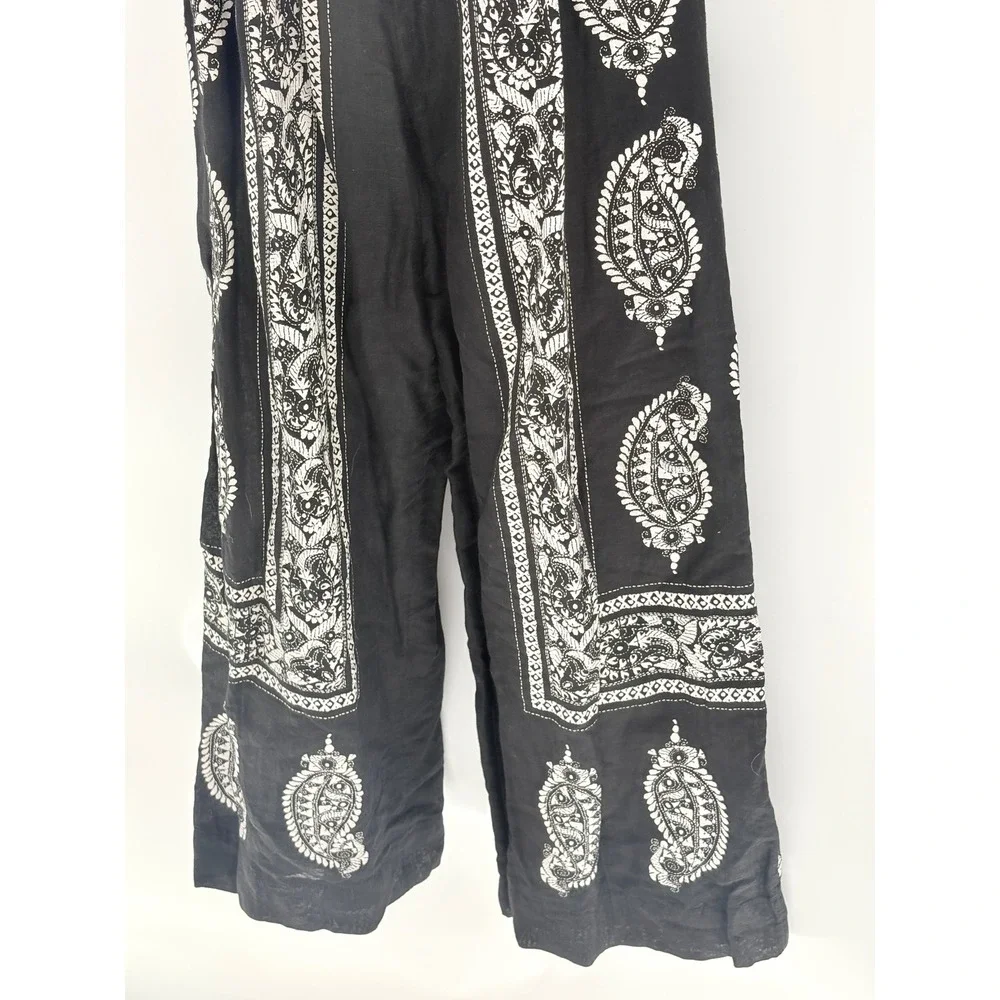 Free People Jumpsuit Linen Cotton Boho Wide Leg Black White Women Size 4 Bandana